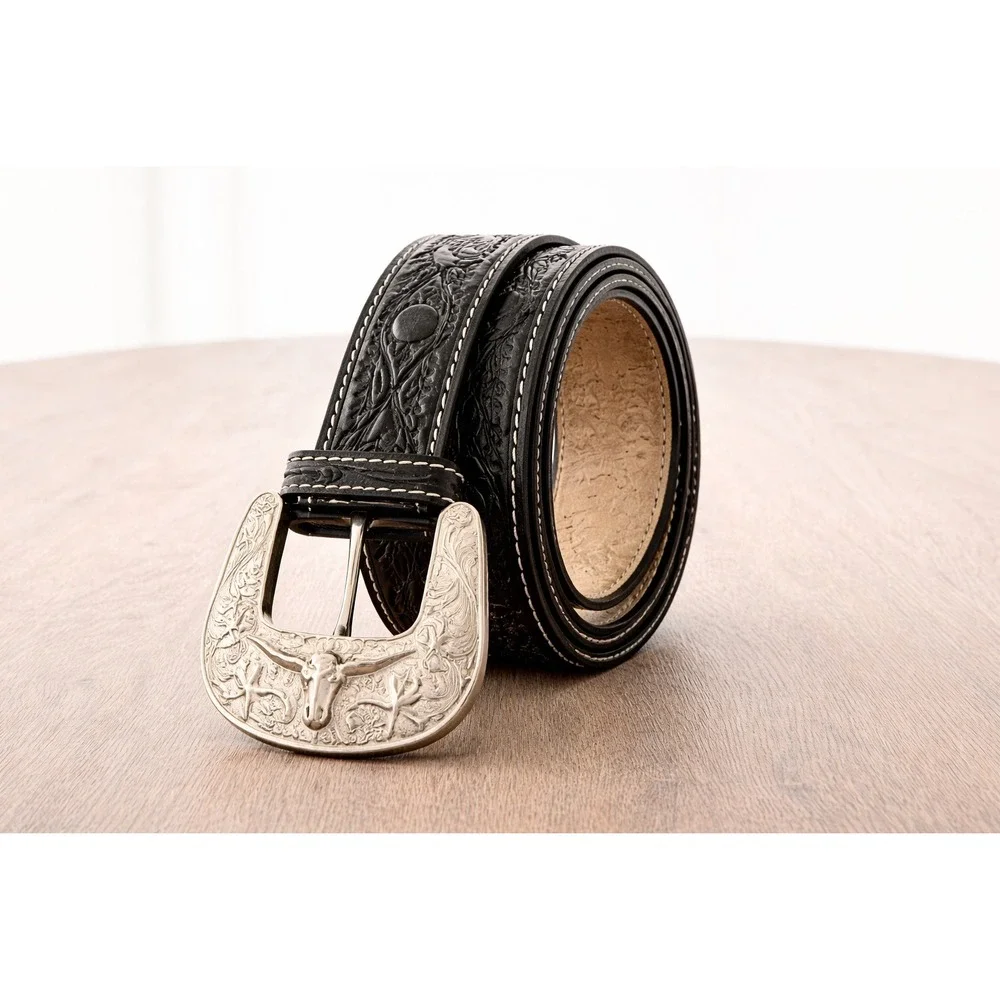 Cerrito Black Leather Belt 42 Embossed Floral Tooled Silver Tone Buckle Longhorn